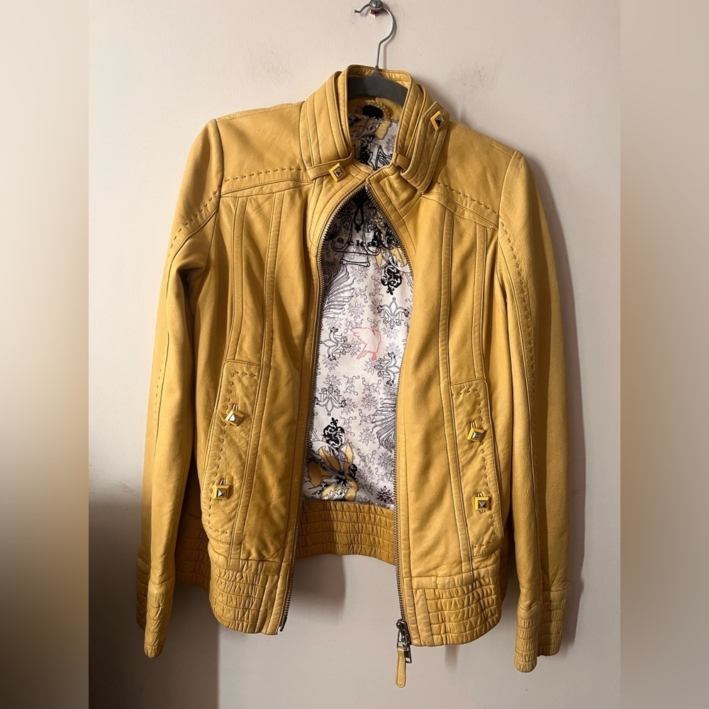 Mackage Yellow Soft Lamb Leather Biker Studded Jacket with floral lining - XS